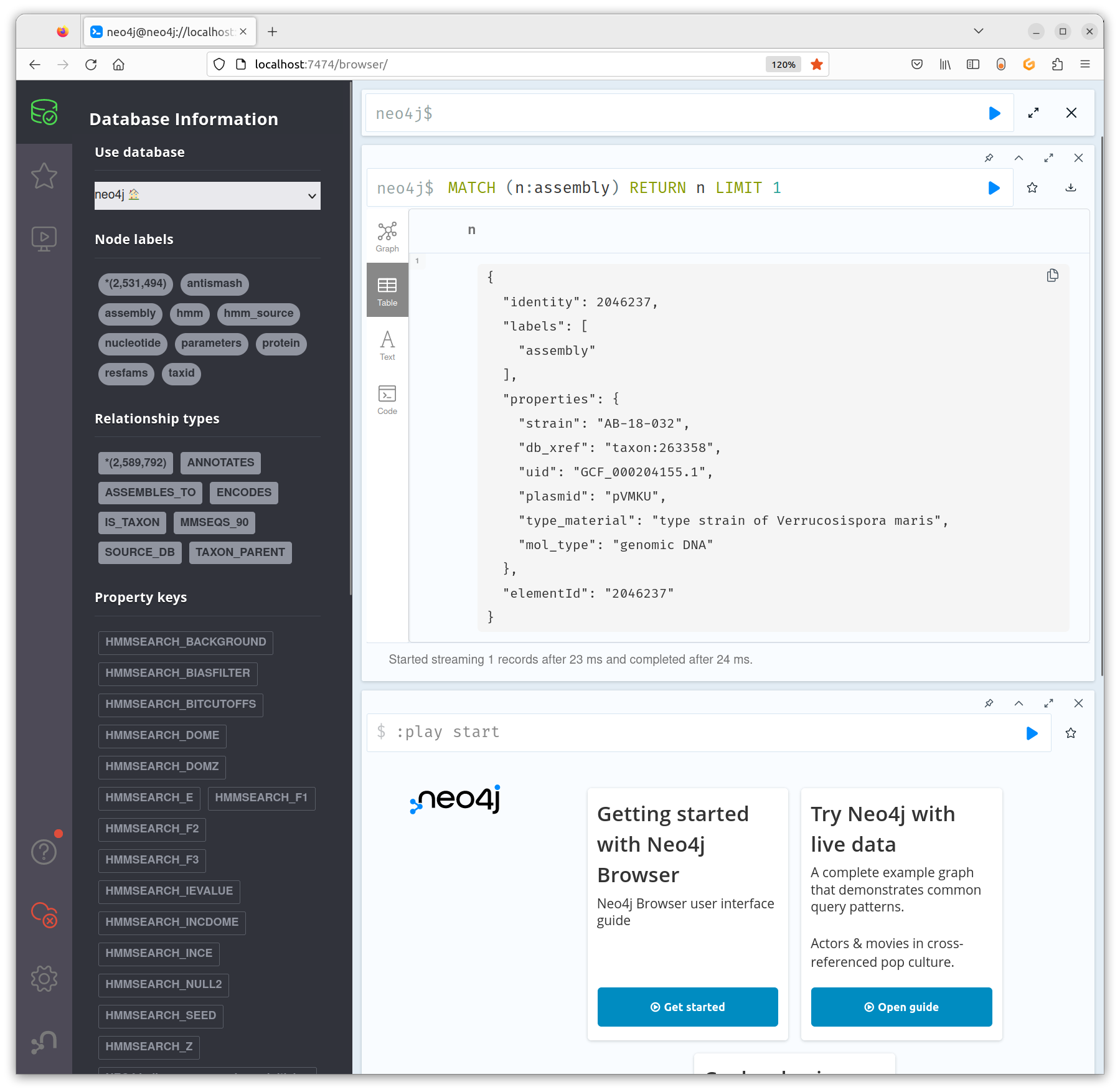 Neo4j web page, logged in