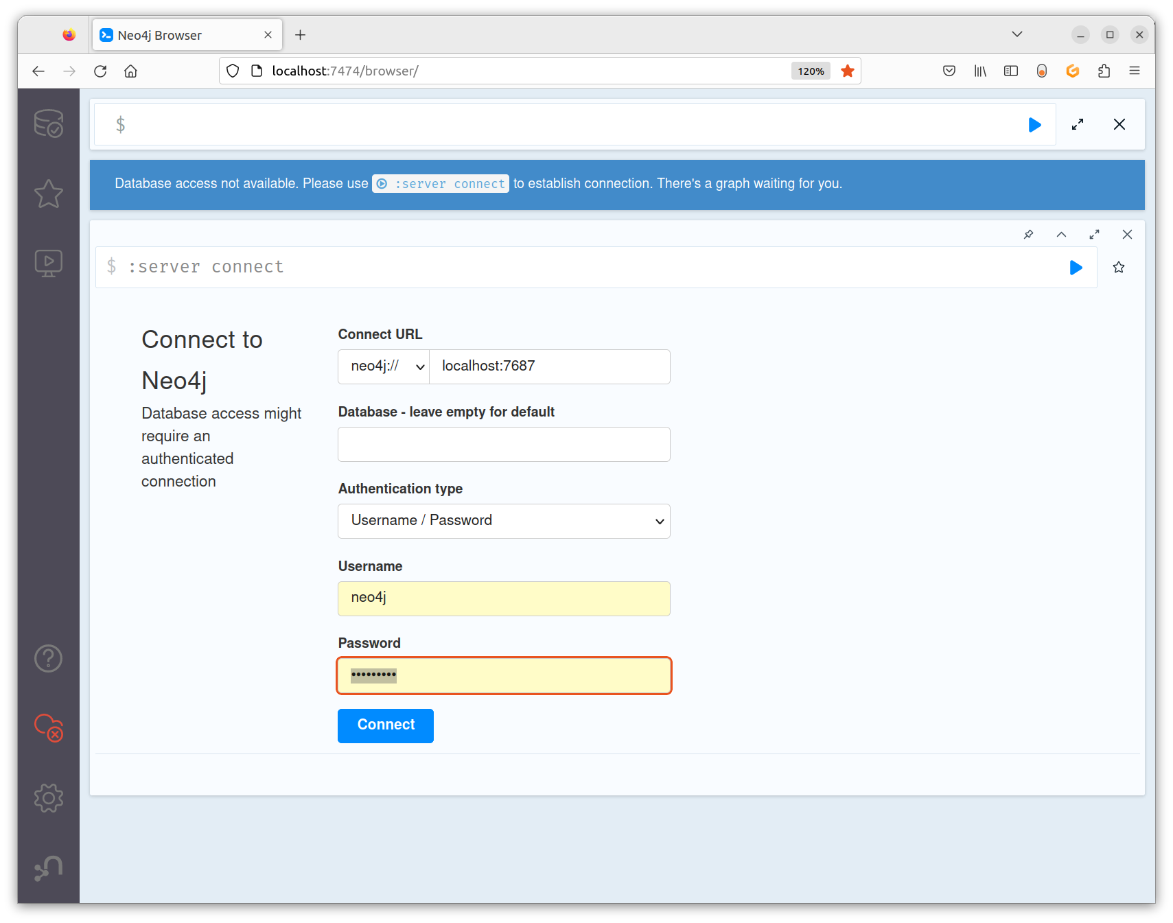 Neo4j web page, logging in